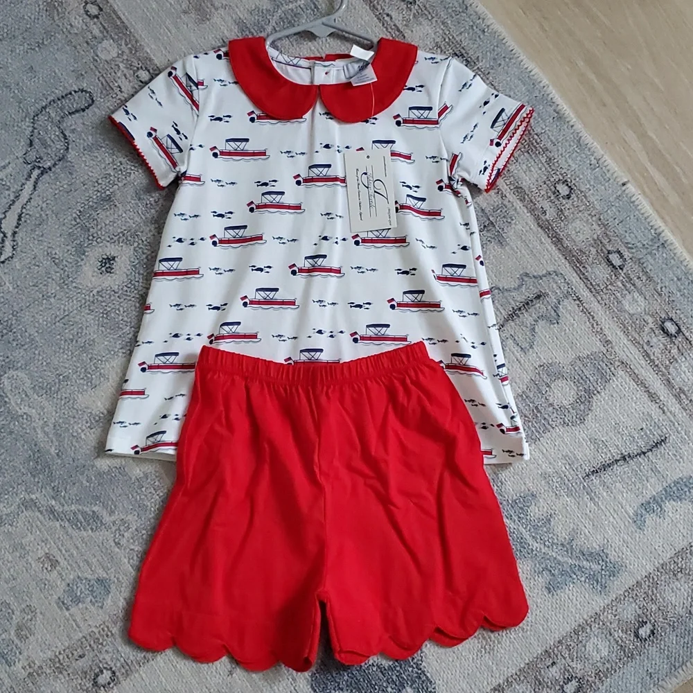 NWT Ishtex Girls Coastal Nautical Boat Matching Set Outfit Red White Blue Sz4/4T